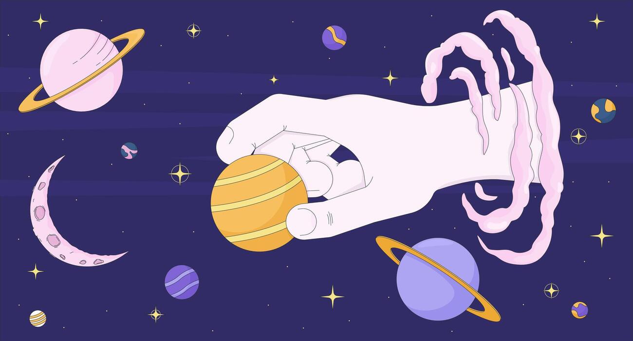 1300x700 Creation of the universe lofi wallpaper. Dreamy stars, celestial space. Cosmic hand holding planet in whimsical galaxy 2D cartoon flat illustration. art image lo fi aesthetic color background 60196534 Vector Art