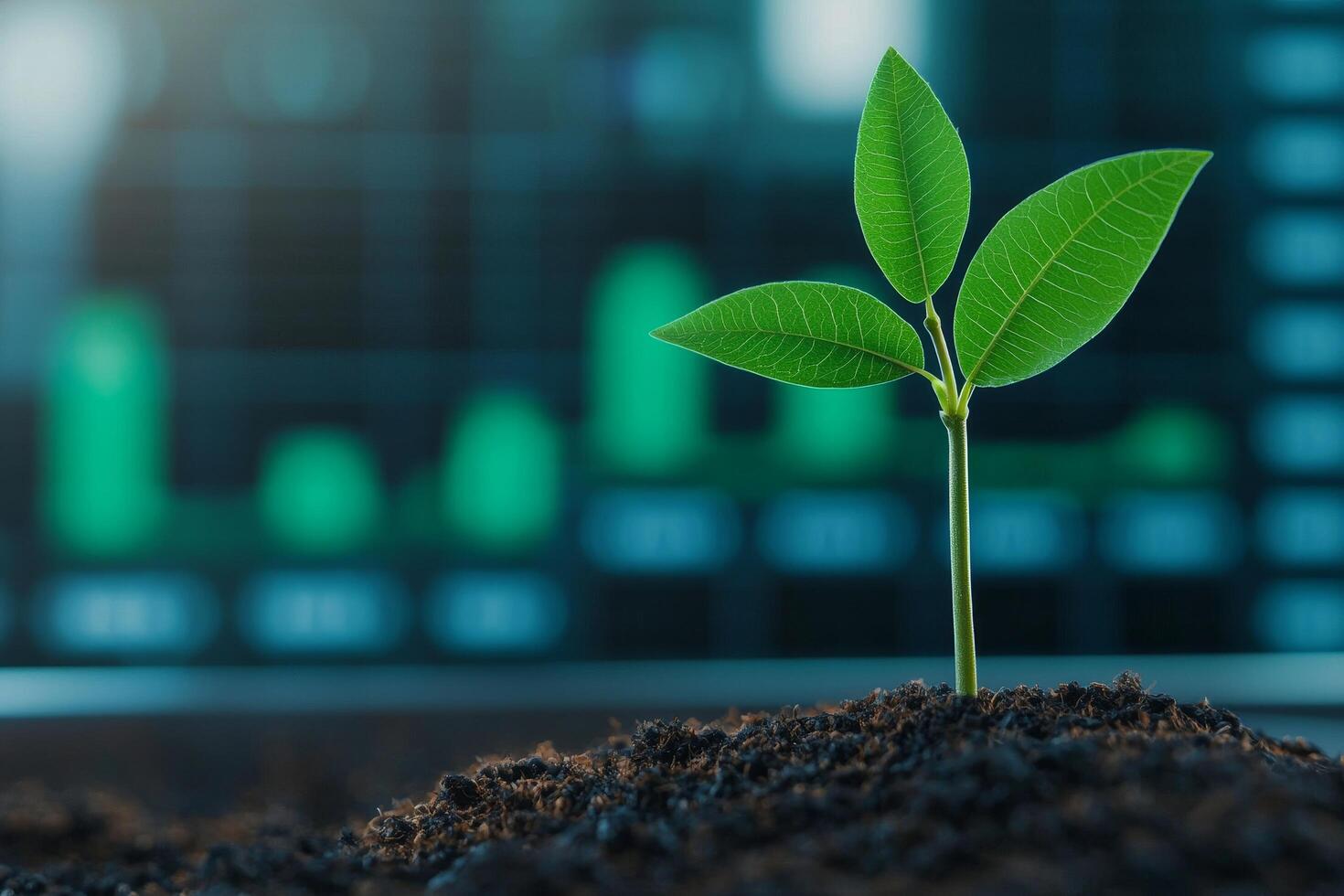 1470x980 Growing plant with financial data background symbolizes growth and investment potential. Sustainable business social impact concept