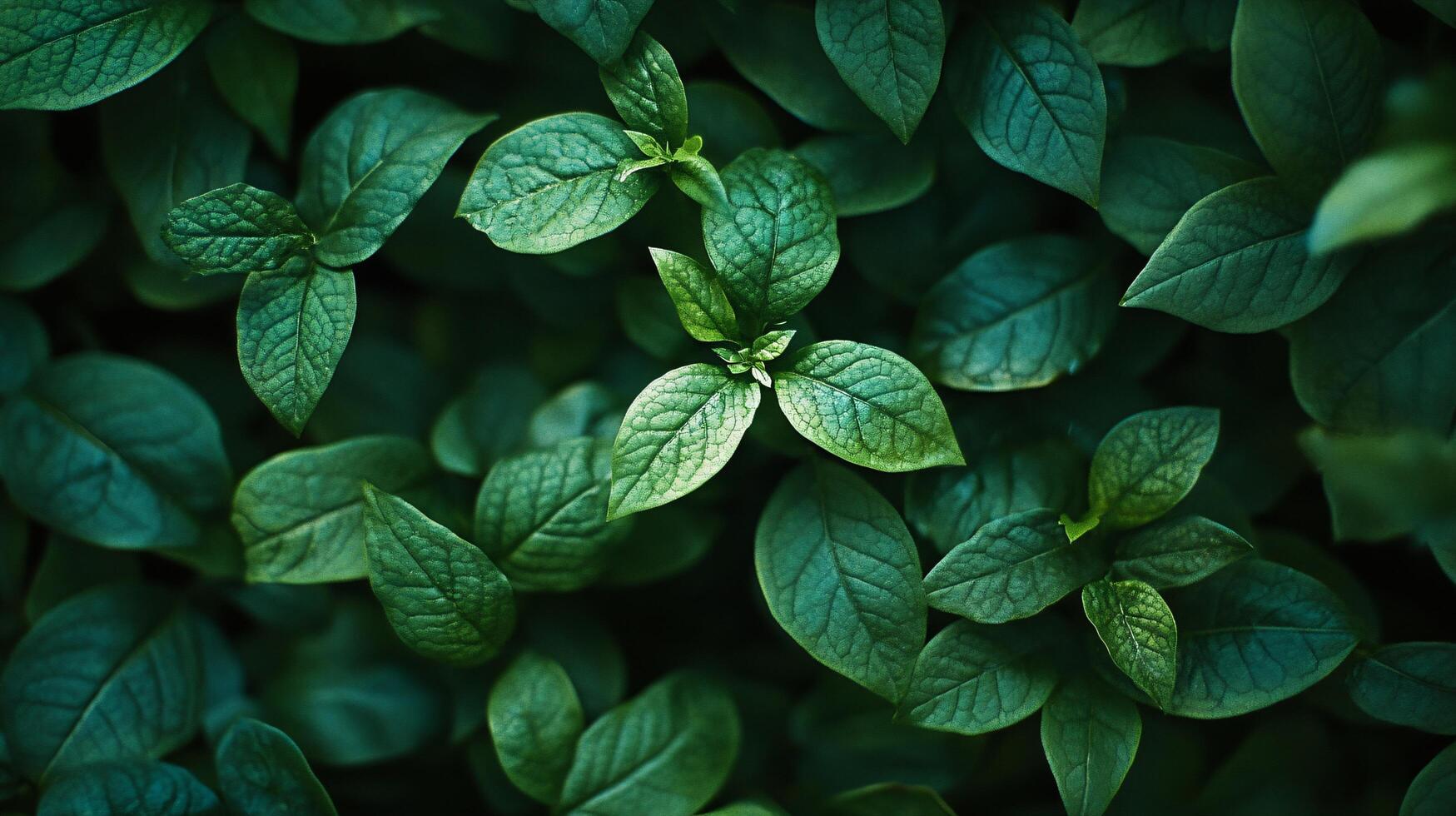 1749x980 Close up of green leaves with a lush green background. The leaves are full and vibrant, giving the impression of a healthy and thriving plant. Concept of growth and vitality 53857747 Stock