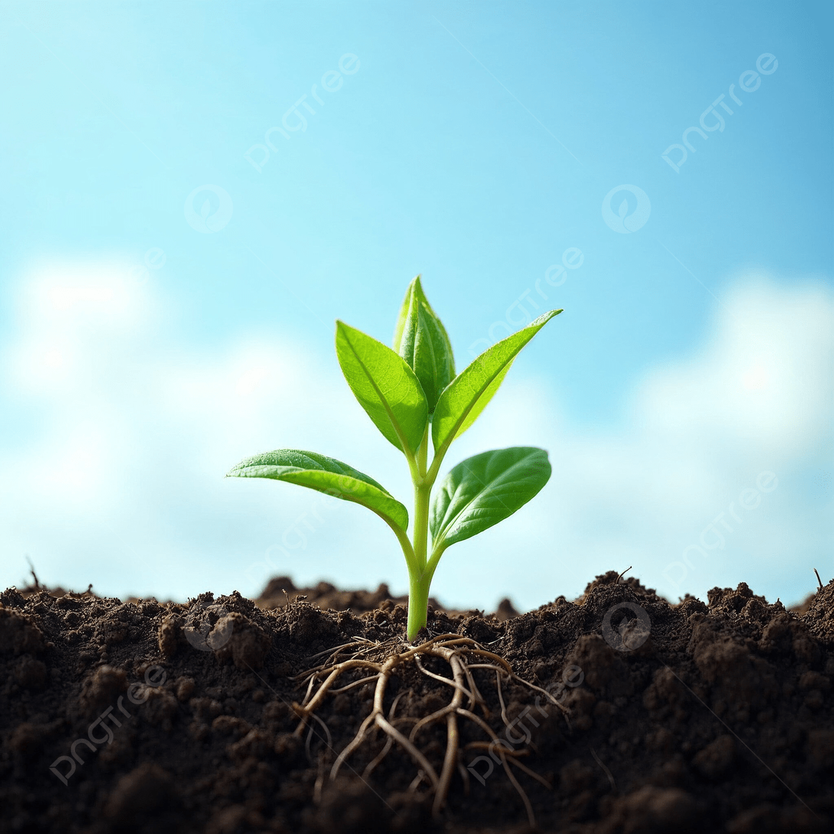 1200x1200 Small Green Plant Seedling Growing From Rich Dark Soil With Visible Root System Against Bright Blue Sky White Clouds Representing Growth And New Life, Growth, Seedling, Young Plant Background Image And Wallpaper