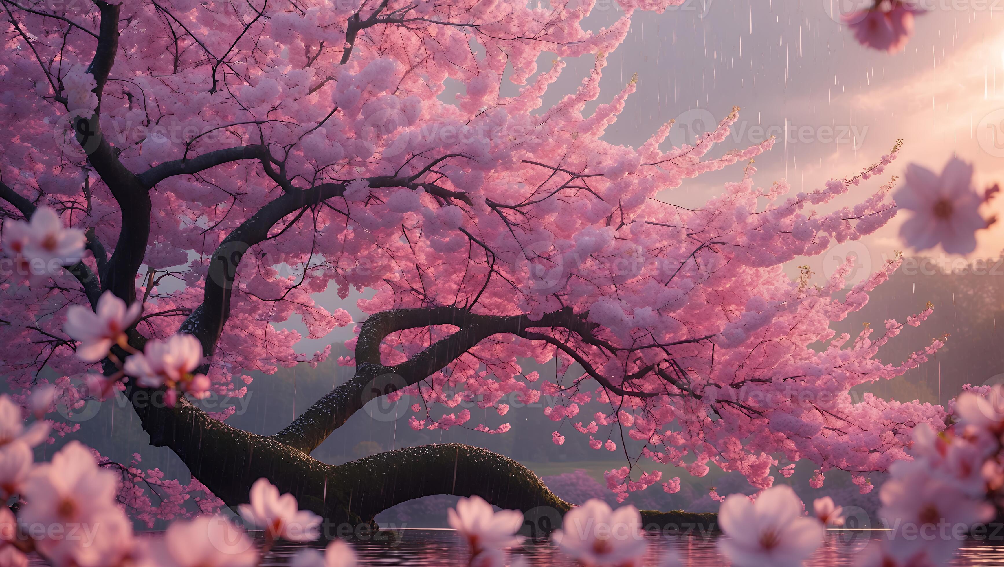3469x1960 Cherry Blossom in Rain Over Water