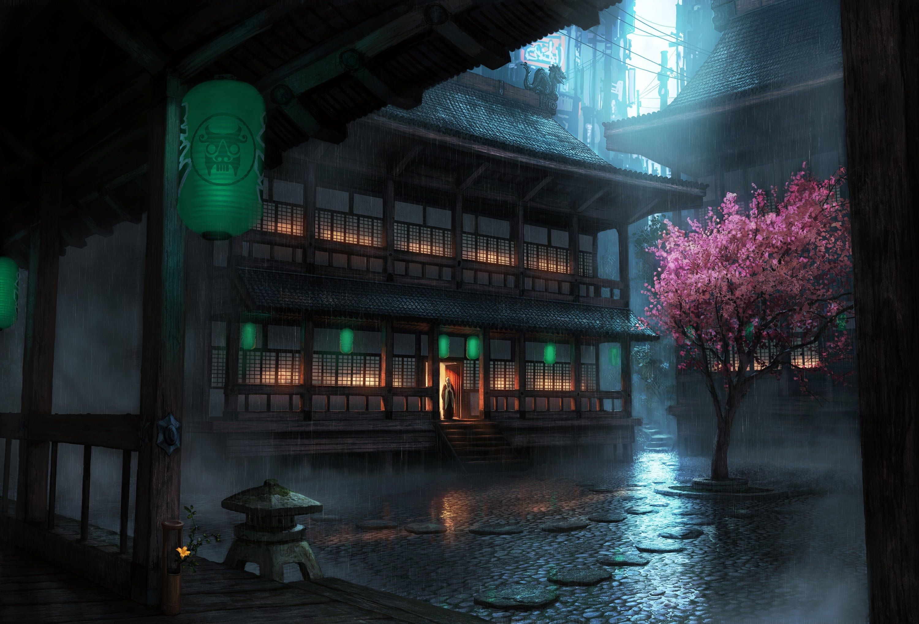 3000x2038 Temple and Sakura tree wallpaper, rain, lantern, drawing, cherry blossom HD wallpaper
