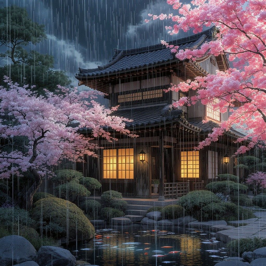 1024x1024 Free Cherry Blossom Serenity Image, Blossoms, Rain
