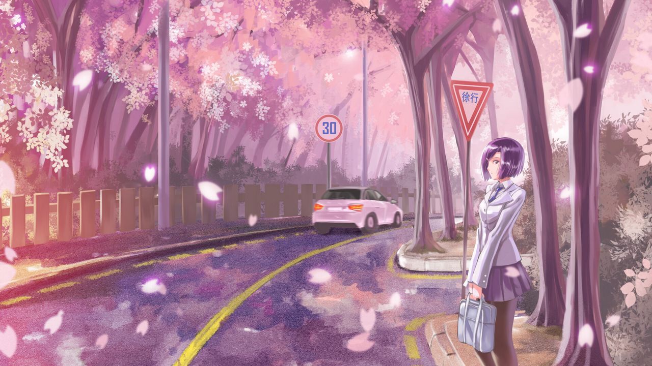 1280x720 Download wallpaper 1280x720 girl, road, transition, sakura, live, anime, art hd, hdv, 720p HD background