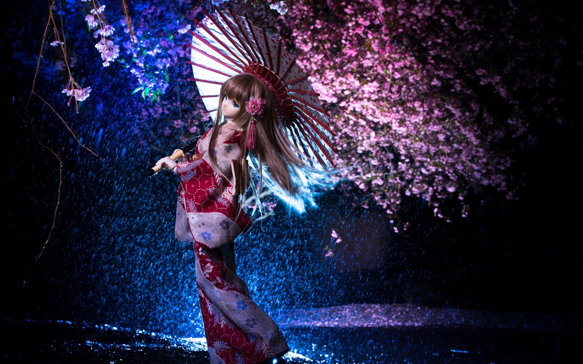 1920x1200 Wallpaper Beautiful Japanese girl, doll, umbrella, sakura, rain 1920x1200 Picture, Image