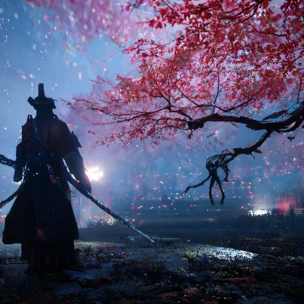 1024x1024 Red sakura, night, samurai, many defeated enemies, fog, rain, high quality