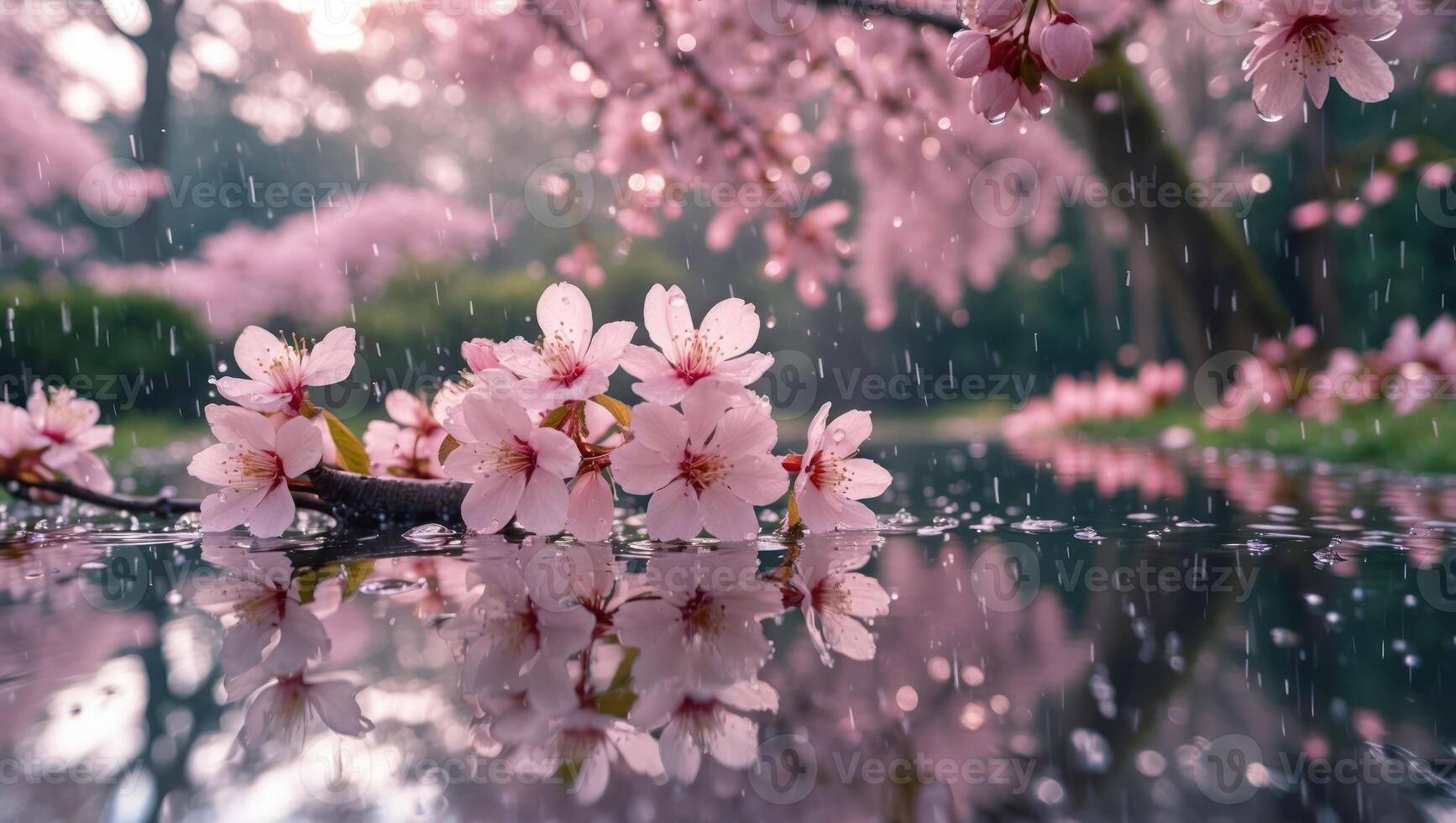 1734x980 Cherry Blossoms in Rain Reflecting on Water Surface Serene Atmosphere