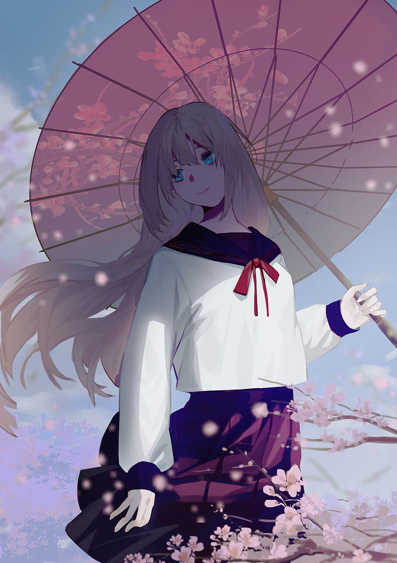 800x1132 Girl, umbrella, sakura, anime, HD phone wallpaper