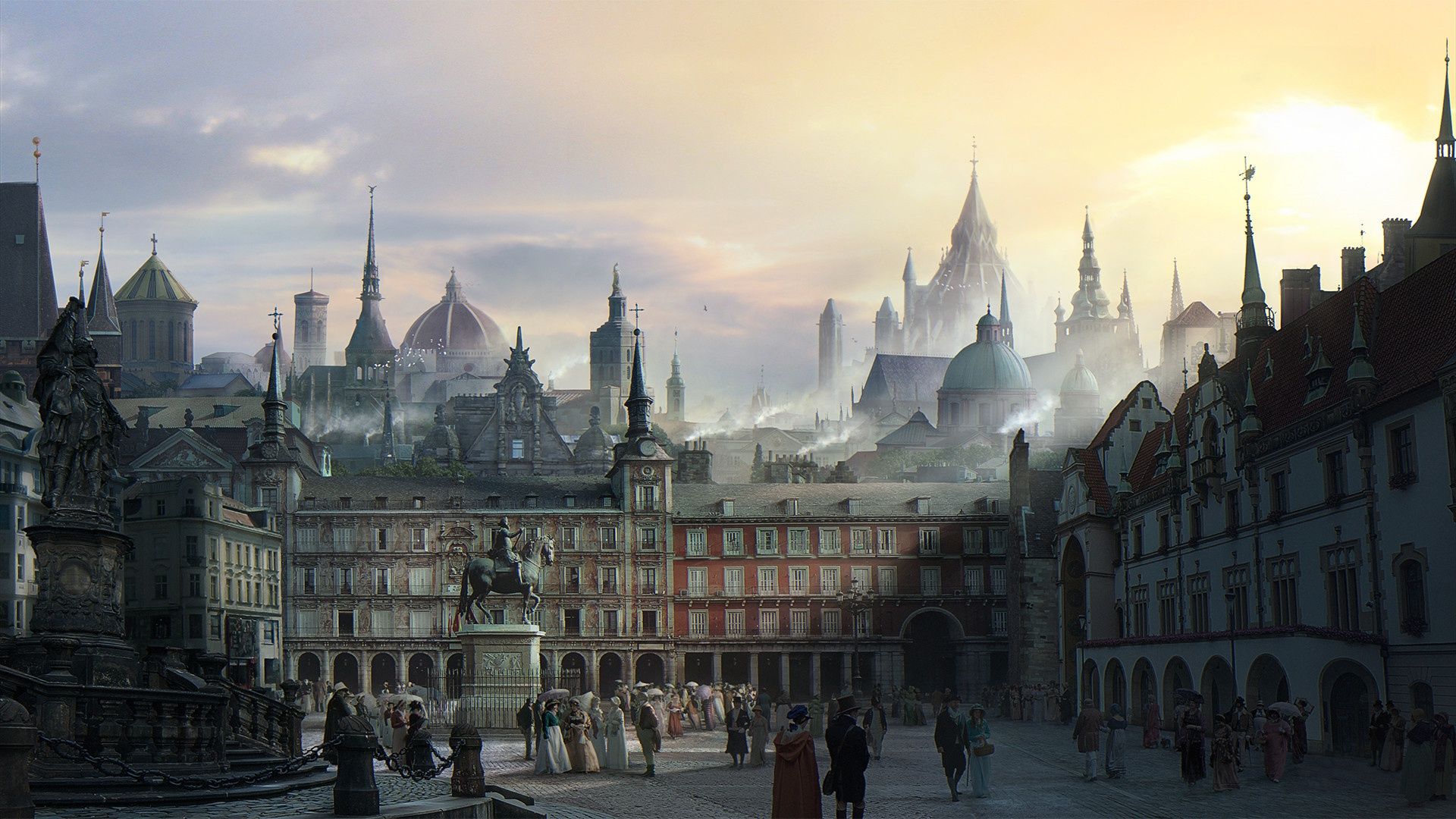 1920x1080 Wallpaper the city, people, building, area, Medieval European town square for mobile and desktop, section рендеринг, resolution 1920x1080