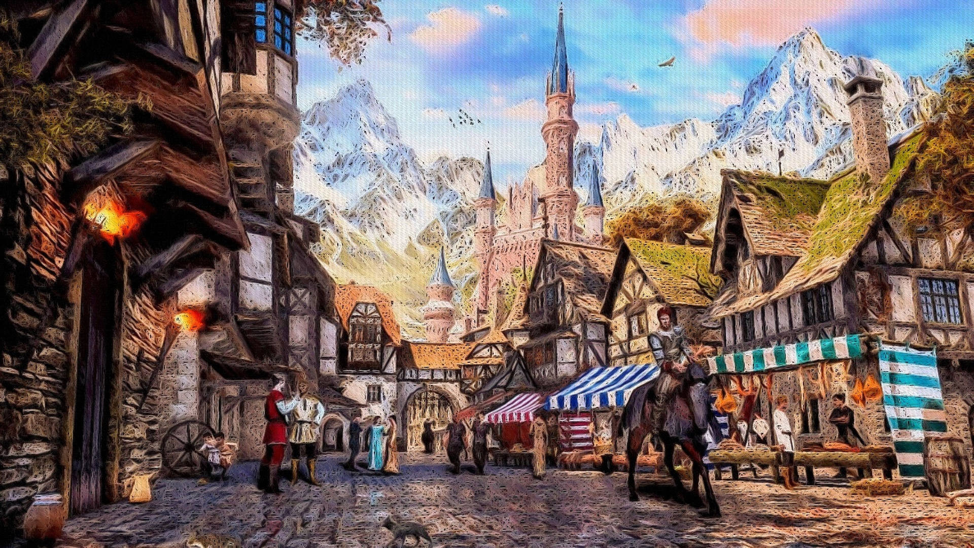 1920x1080 Download Bustling Medieval Village Market Wallpaper