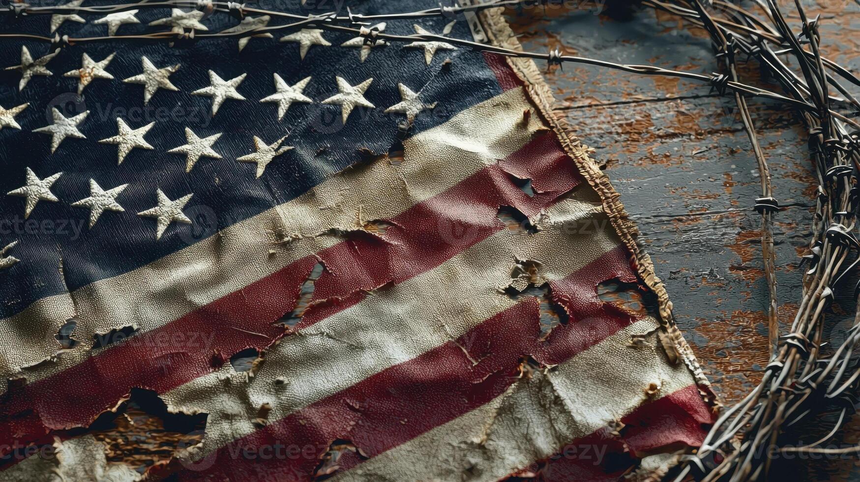 1749x980 A torn and tattered American flag is surrounded