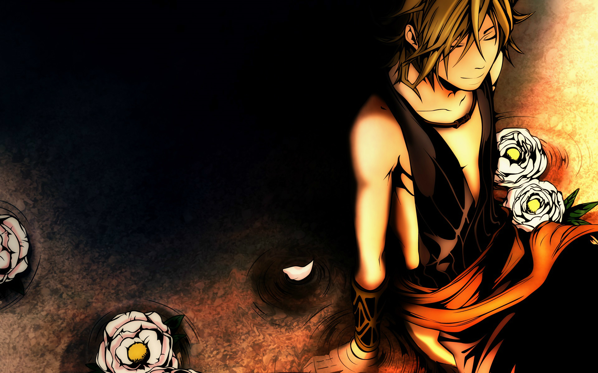 1920x1200 Wallpaper guy, black background, art, Camellia, visual novel, kemuri karakara, hirari abeno, Donten ni Warau for mobile and desktop, section игры, resolution 1920x1200