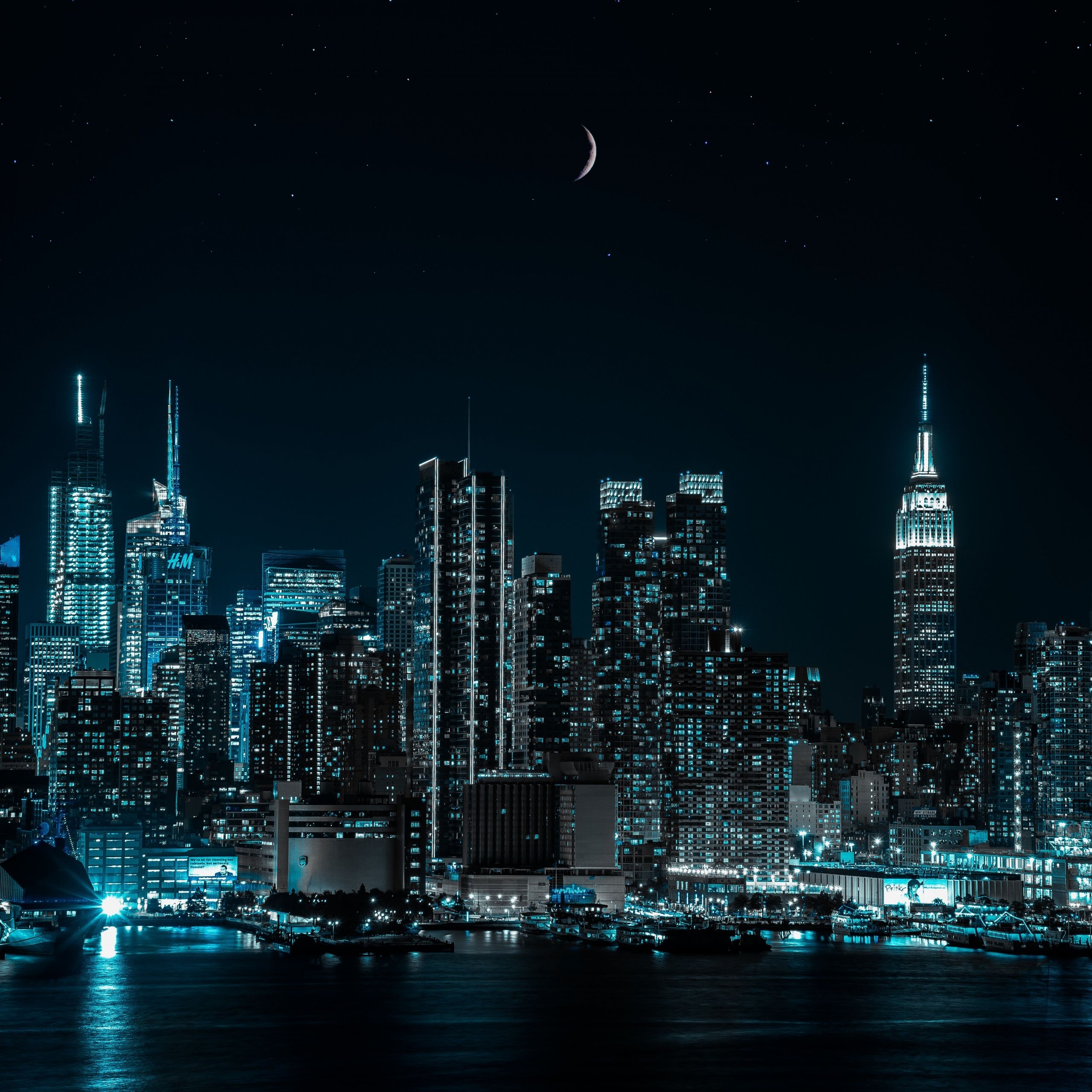 2560x2560 New York City Wallpaper 4K, Half moon, Cityscape, Night