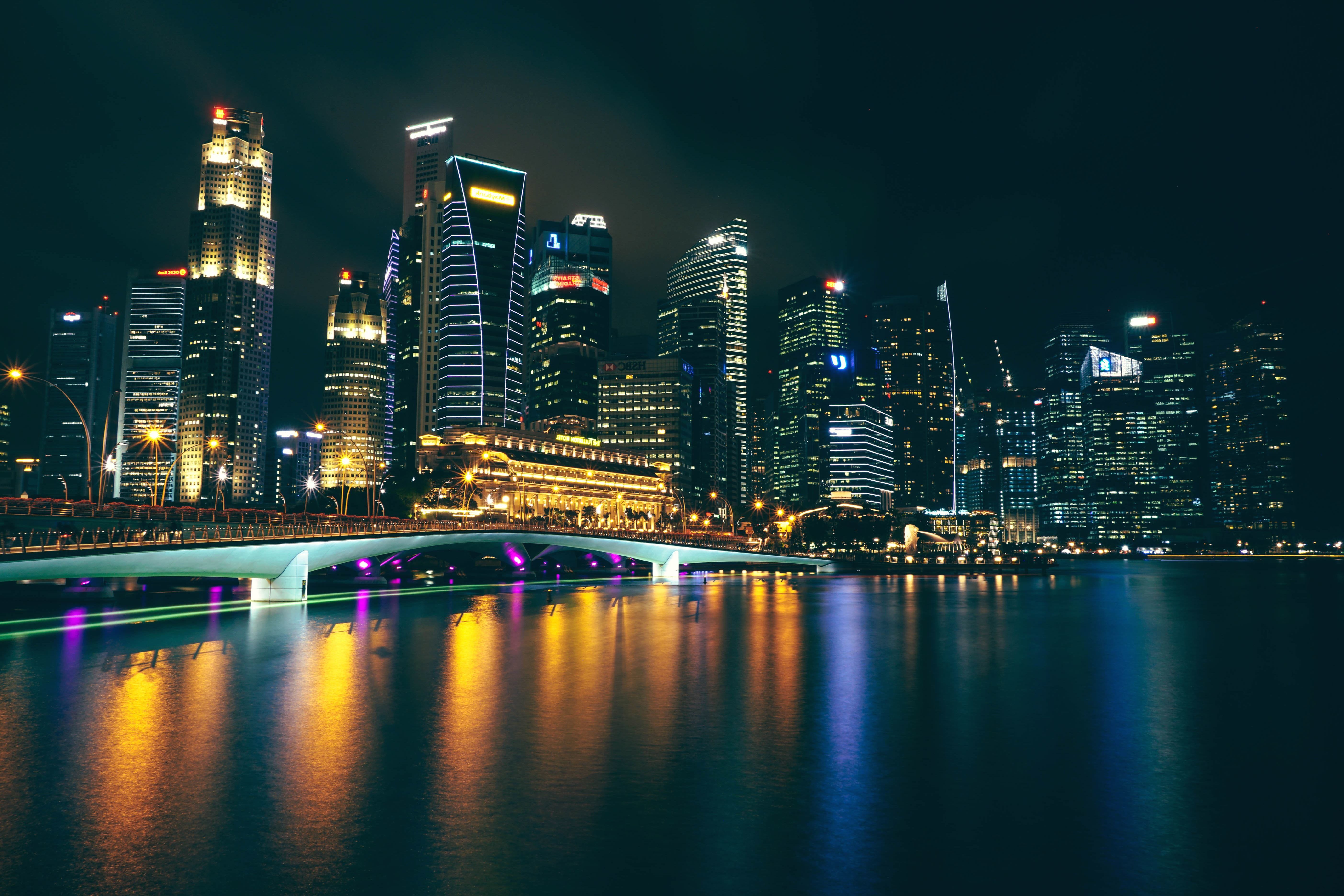 5612x3742 Free picture: skyscrapers, urban, water, downtown, town, water, night, waterfront
