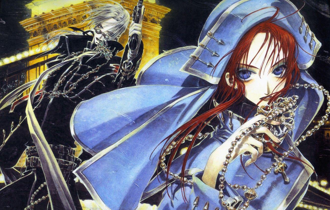 1332x850 Wallpaper gun, cross, glasses, hood, blue eyes, trinity blood, nun