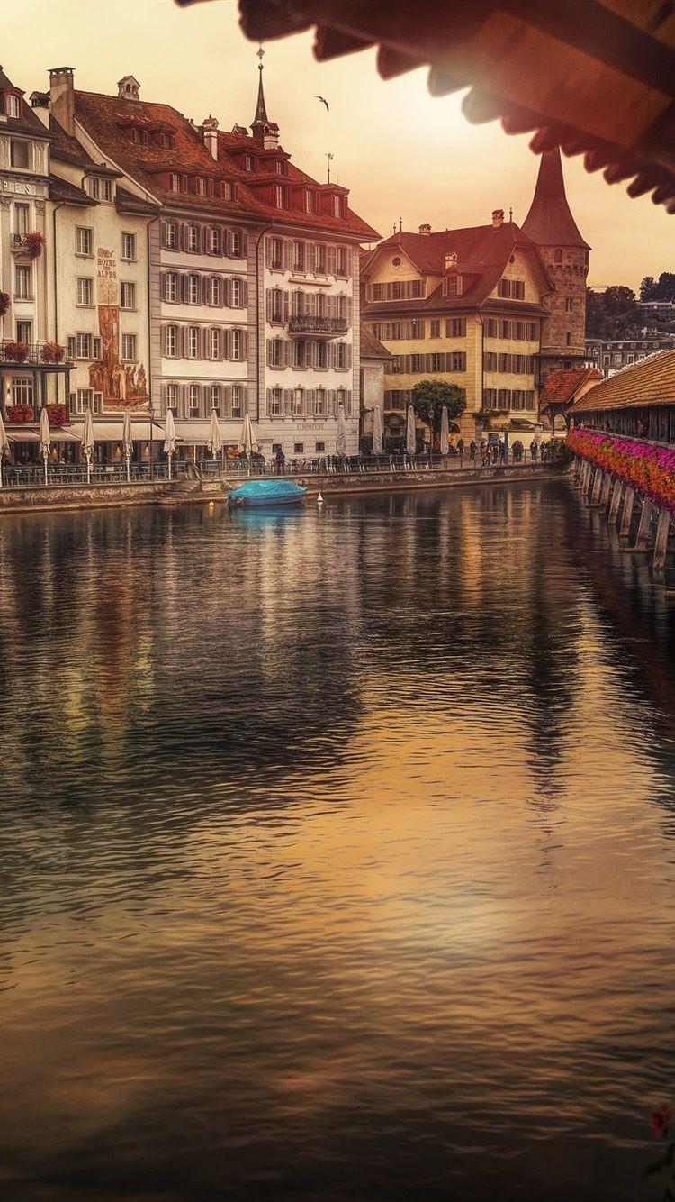 750x1334 Switzerland, Lucerne, Reuss River, Houses 750x1334 IPhone 8 7 6 6S