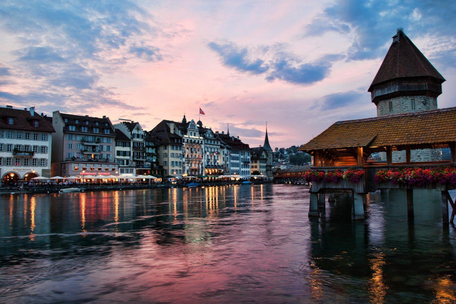 1920x1280 switzerland lucerne town river night house lights reflection