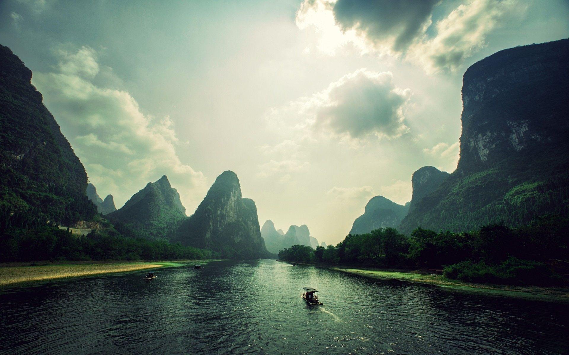 1920x1200 Wallpaper Mountains, clouds, rocks, river, boat, Vietnam landscape