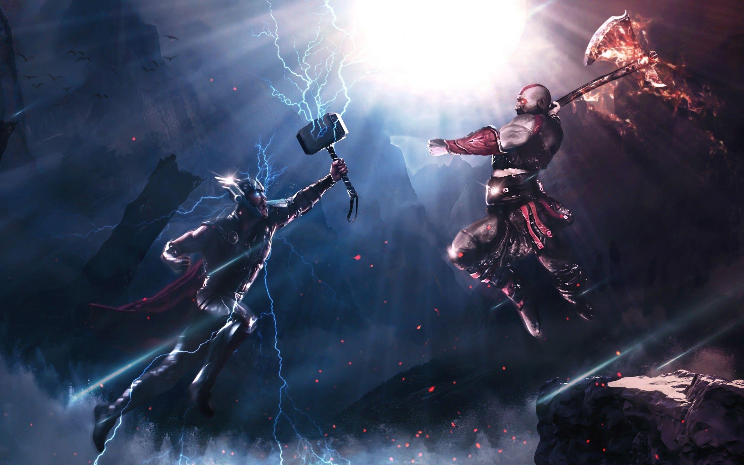 2560x1600 Download 2560x1600 Kratos Vs Thor, Fight, Crossover, Lightning