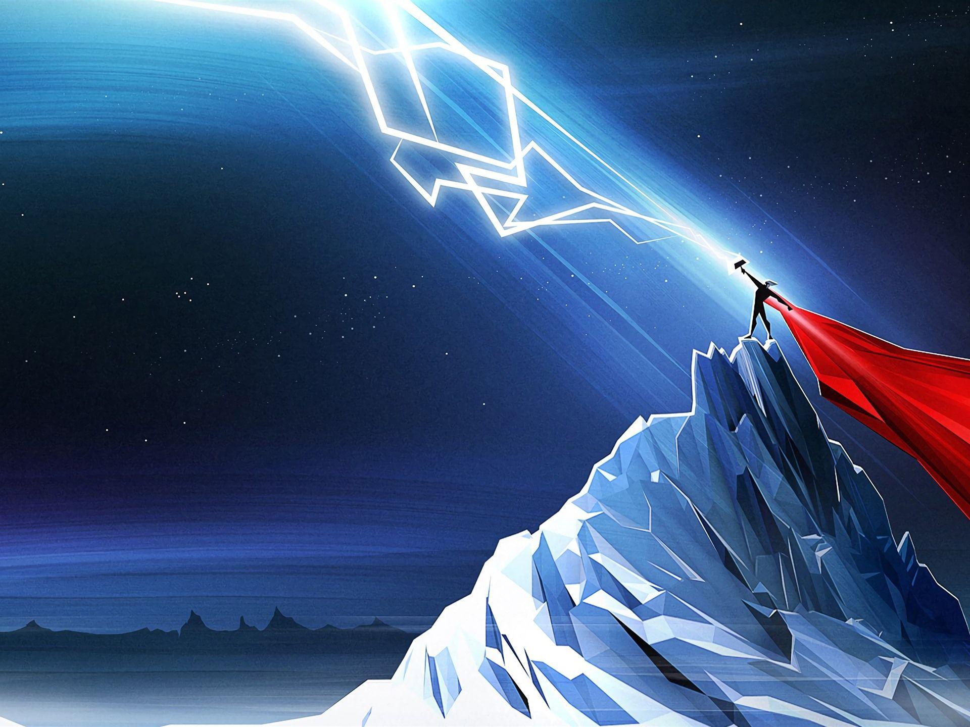 1920x1440 Wallpaper Thor, lightning, mountains, night, art picture 3840x2160