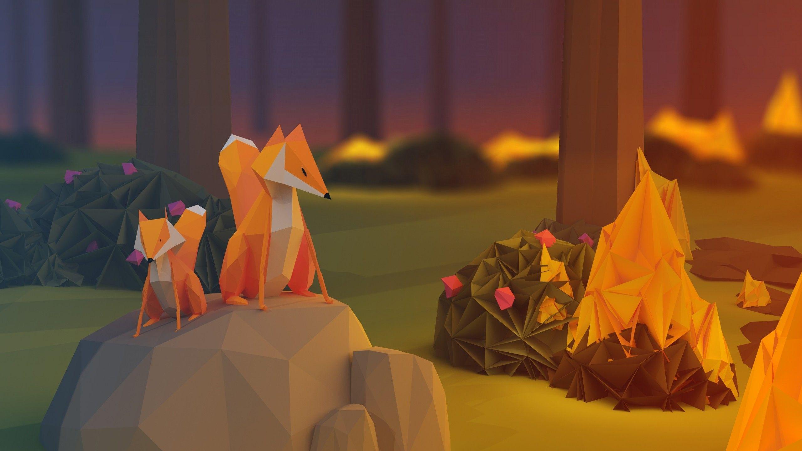2560x1440 anime, Paper, Poly, Fire, Minimalism, Nature, Animals, Fox, Rock