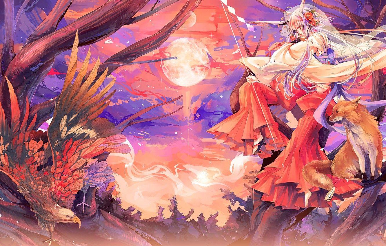 1332x850 Wallpaper girl, bird, the moon, anime, Fox, eagle, Fox, animals