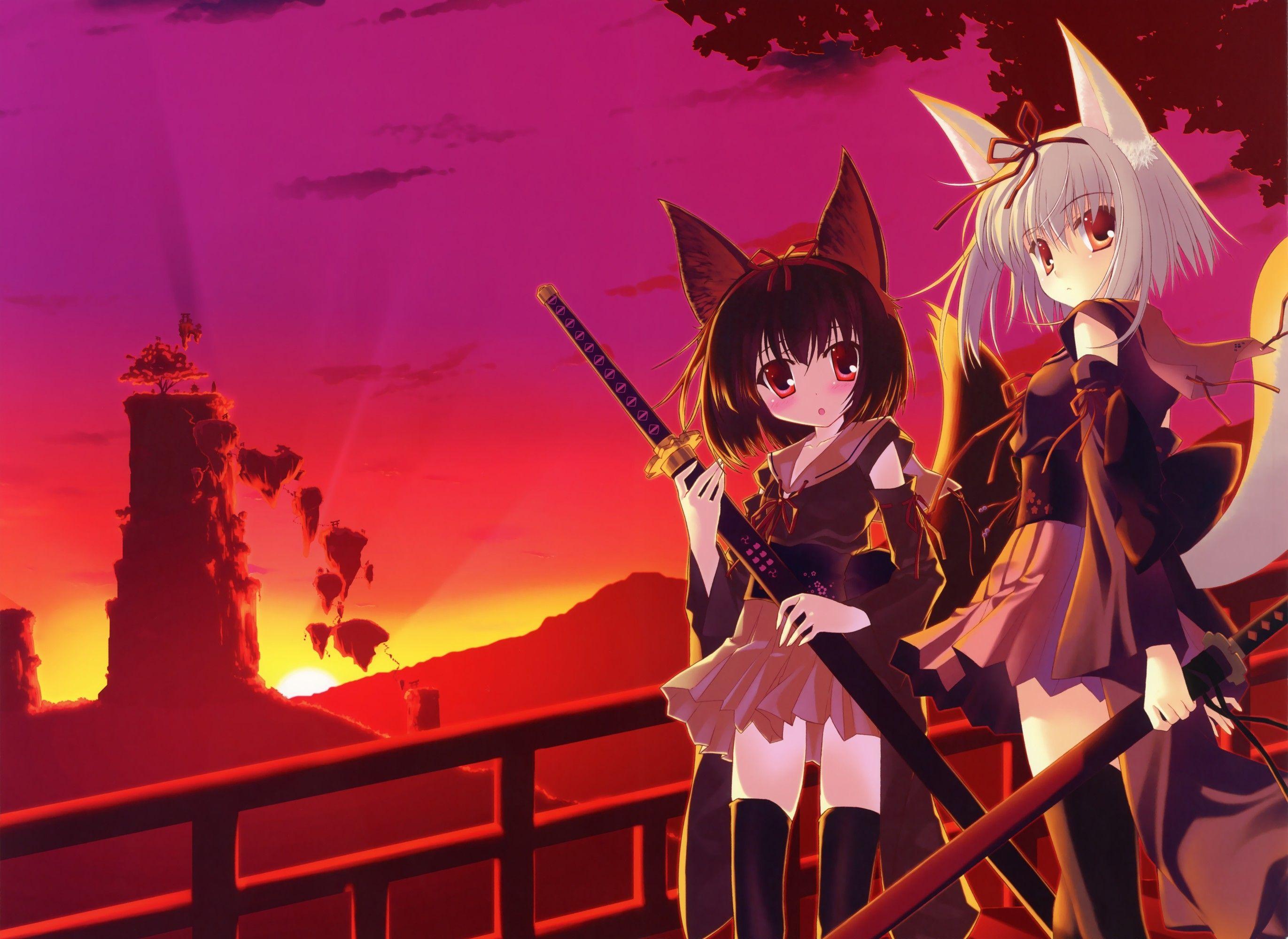2742x2000 sunset blade animal ears anime kokonobi fox girls anime girls