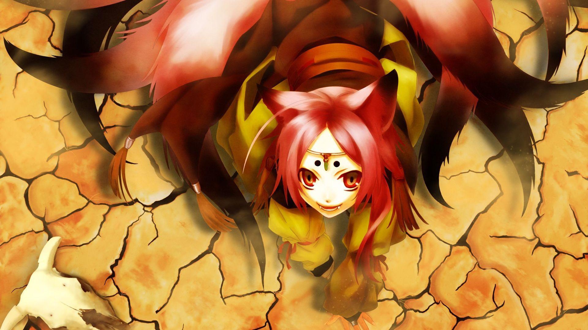 1920x1080 Fox girl on dry land, anime Desktop wallpaper 1920x1080