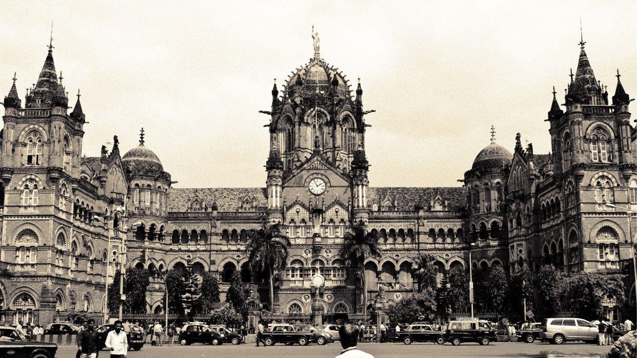 1244x700 Cars architecture buildings crowd train stations grayscale Mumbai