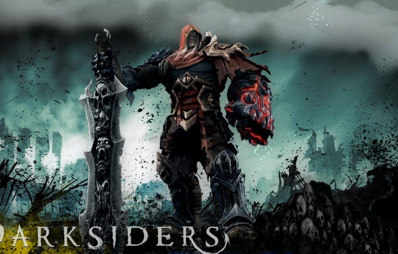 1332x850 Wallpaper city, demon, sake, sword, armor, war, man, Darksiders