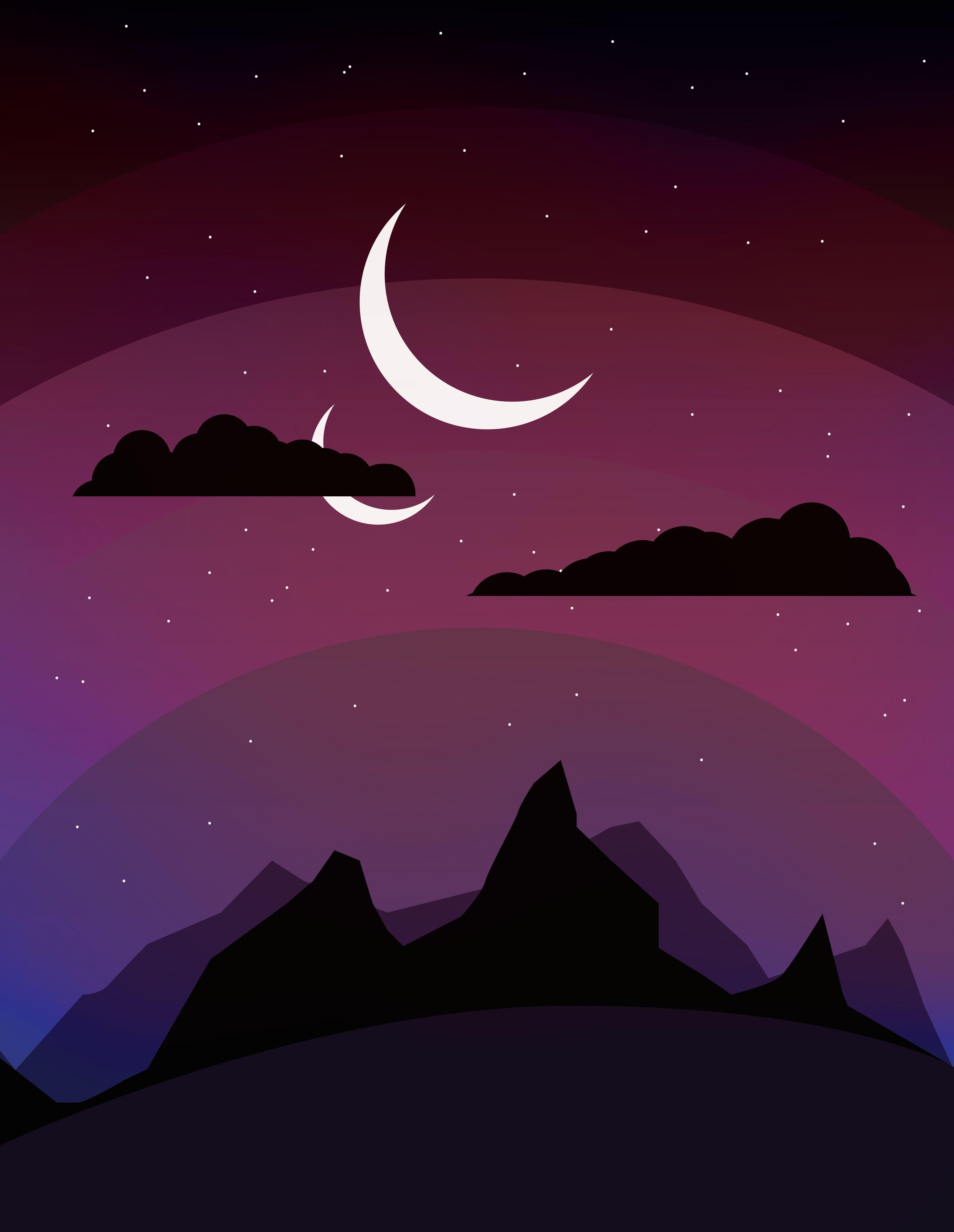 4267x5513 Double Moons #moon #landscape #clouds #dark #mountains #purple #flat #design #art #wallpaper