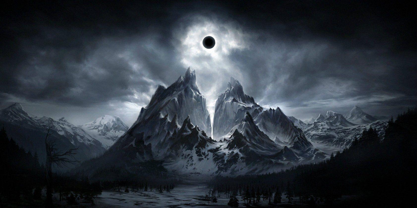 1683x840 Dark Fantasy Landscape Cool Wallpaper Moon