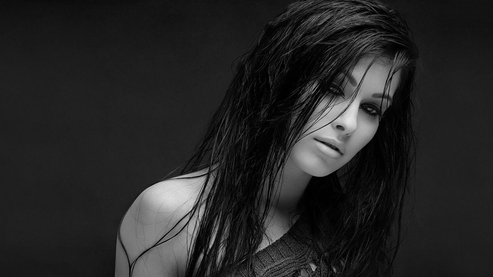 1920x1080 brunettes, women, black and white, eyes, black, models wallpaper