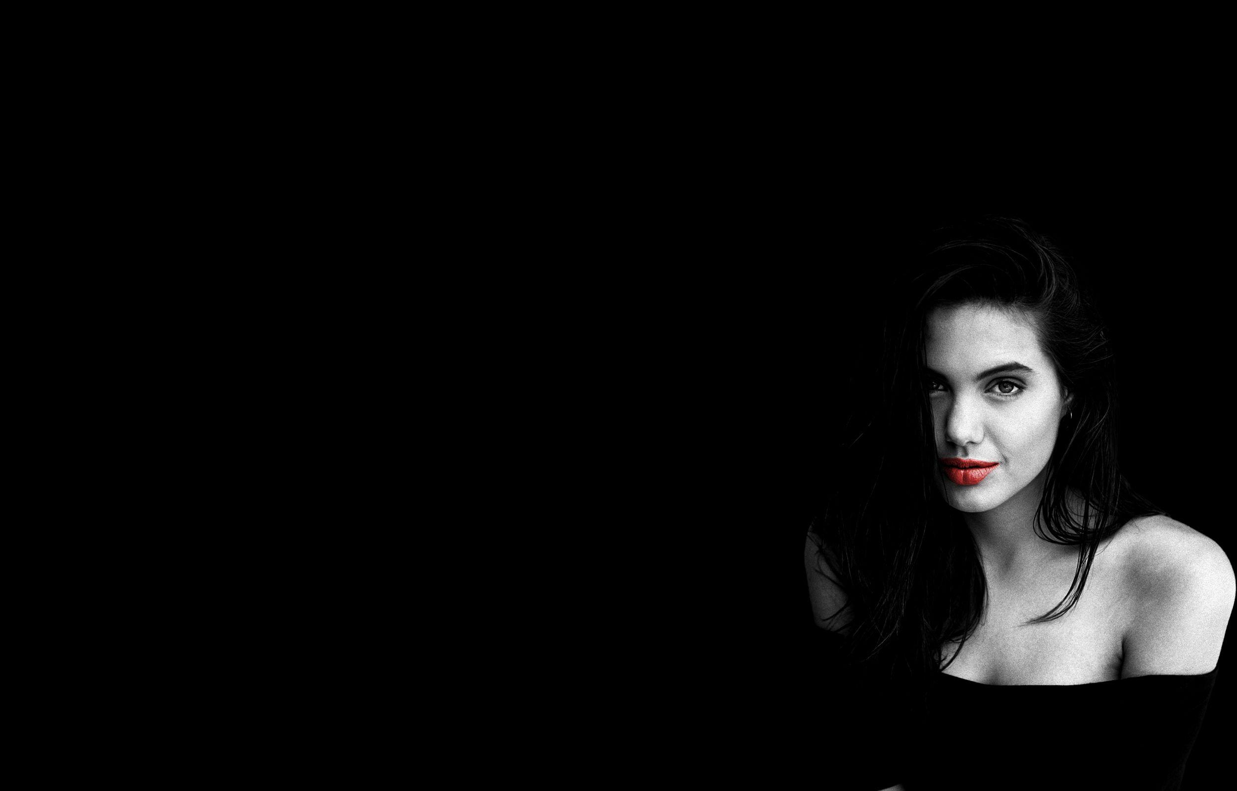 2500x1600 Brunettes women black and white dark actress angelina jolie lipstick wallpaperx1600