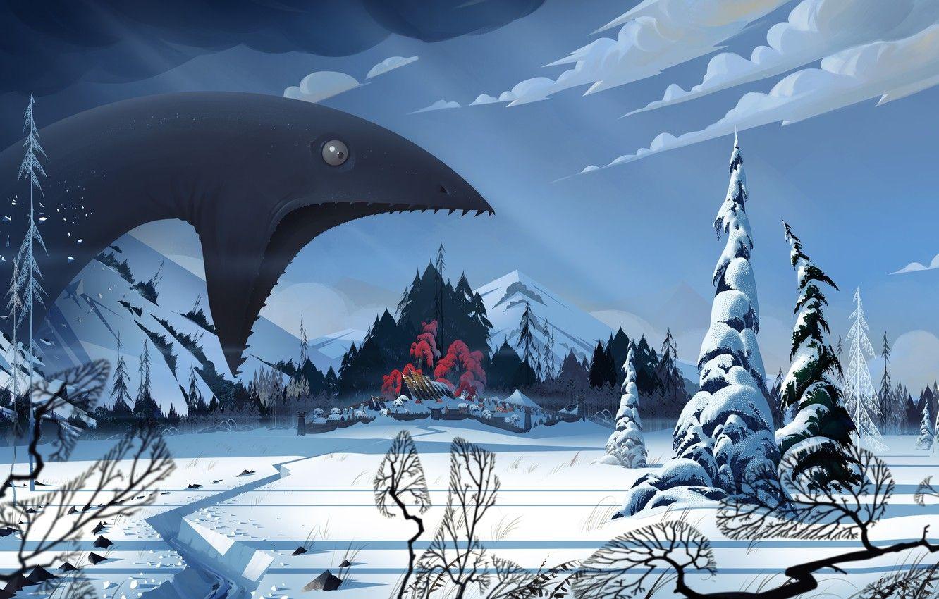 1332x850 Wallpaper winter, snow, landscape, monster, village, art