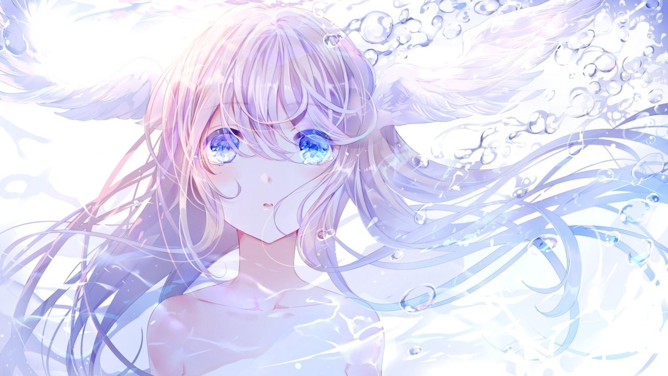 2560x1440 Download 2560x1440 Anime Girl, Crying, Tears, Wings, Underwater