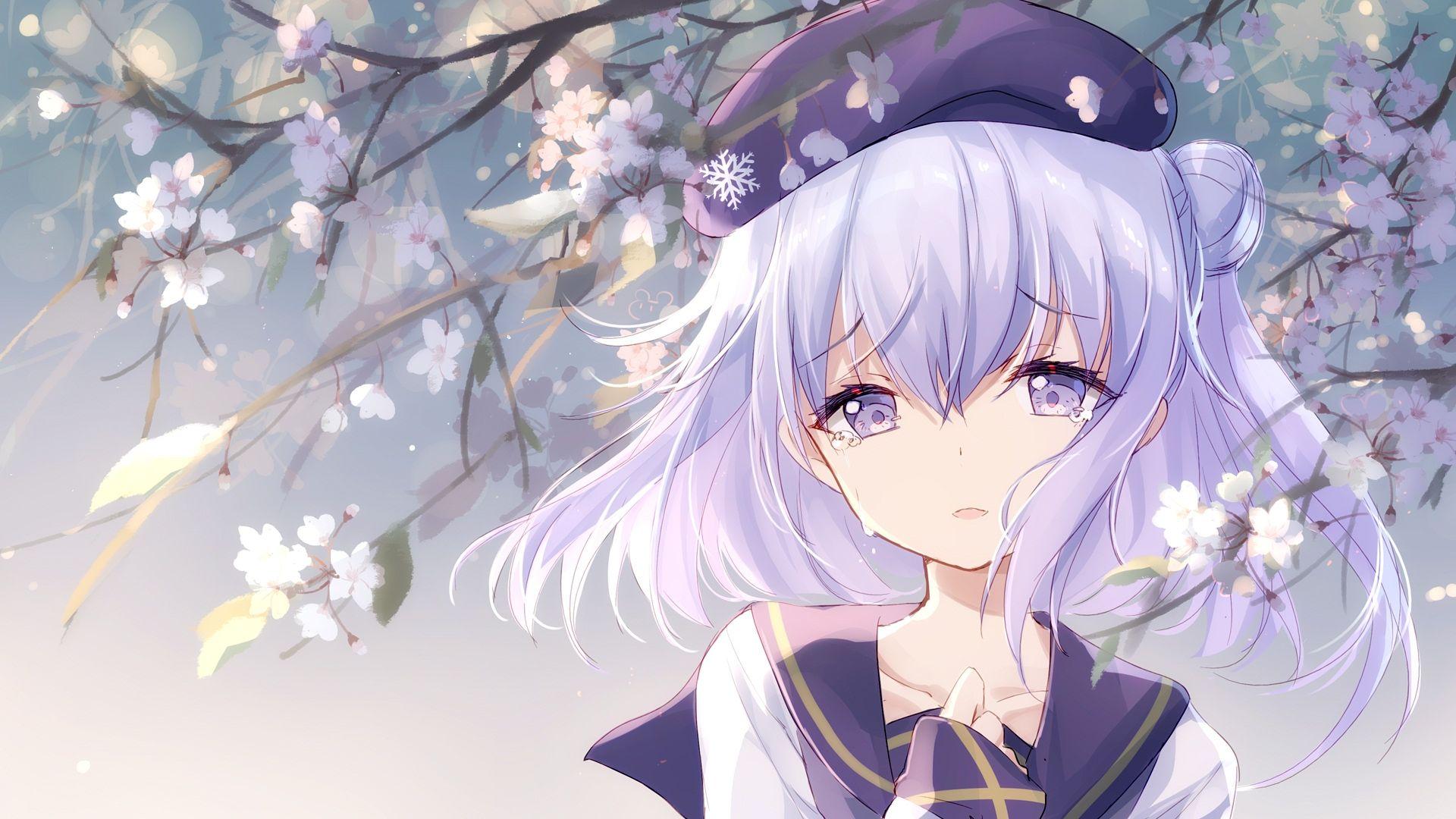 1920x1080 Download 1920x1080 Anime Girl, Crying, Tears, Silver Hair, Cherry