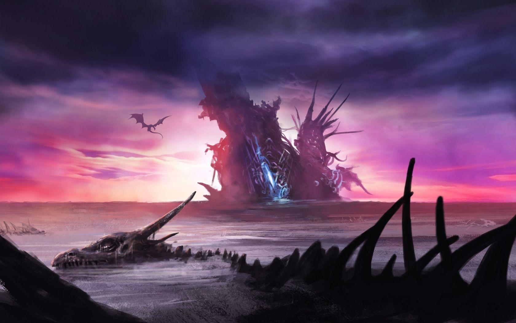 1680x1050 Download 1680x1050 wallpaper skeleton, clouds, fantasy, dragon
