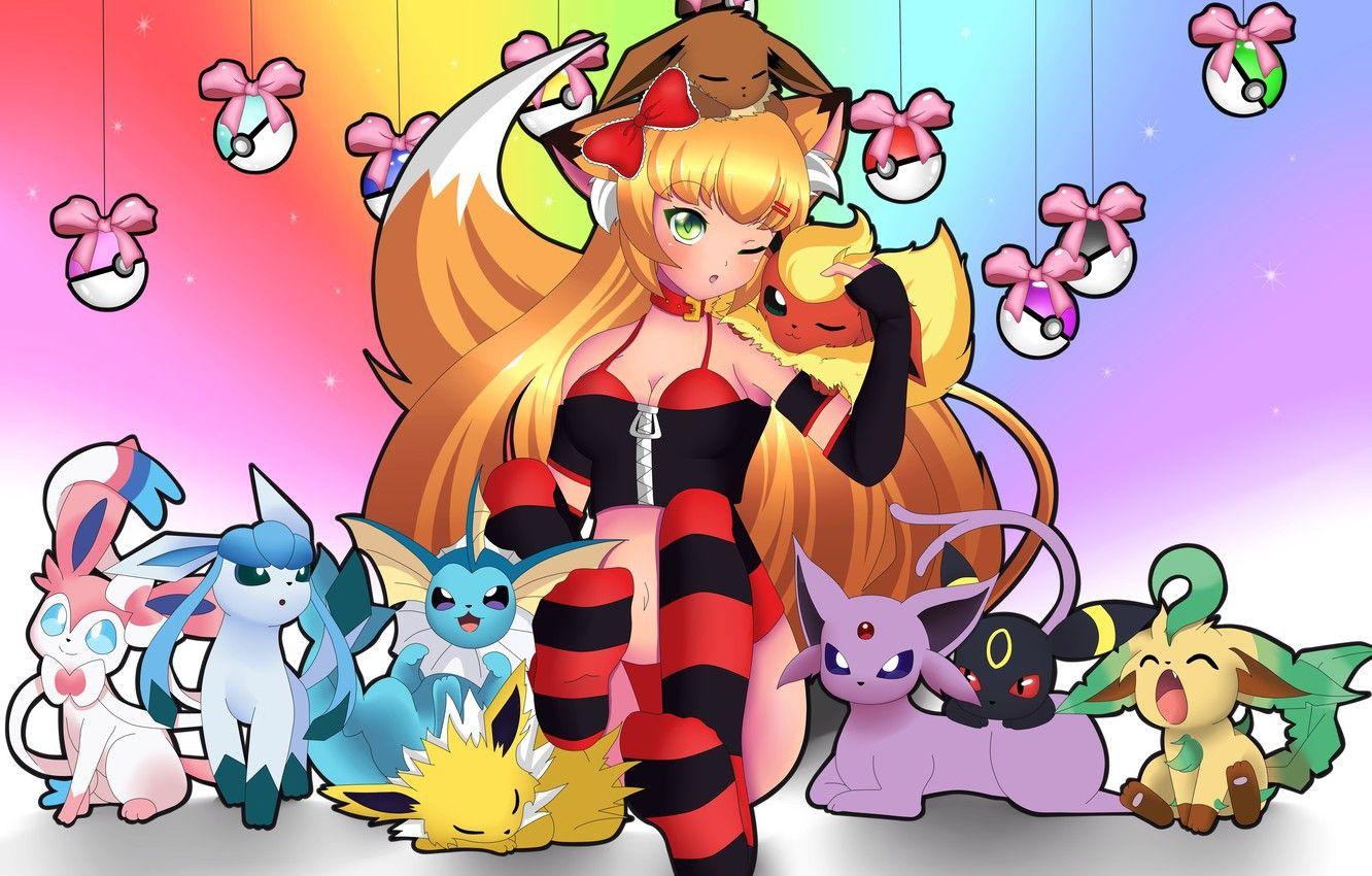 1332x850 Wallpaper girl, anime, art, pokemon, pokemon, eevee image for desktop, section кодомо