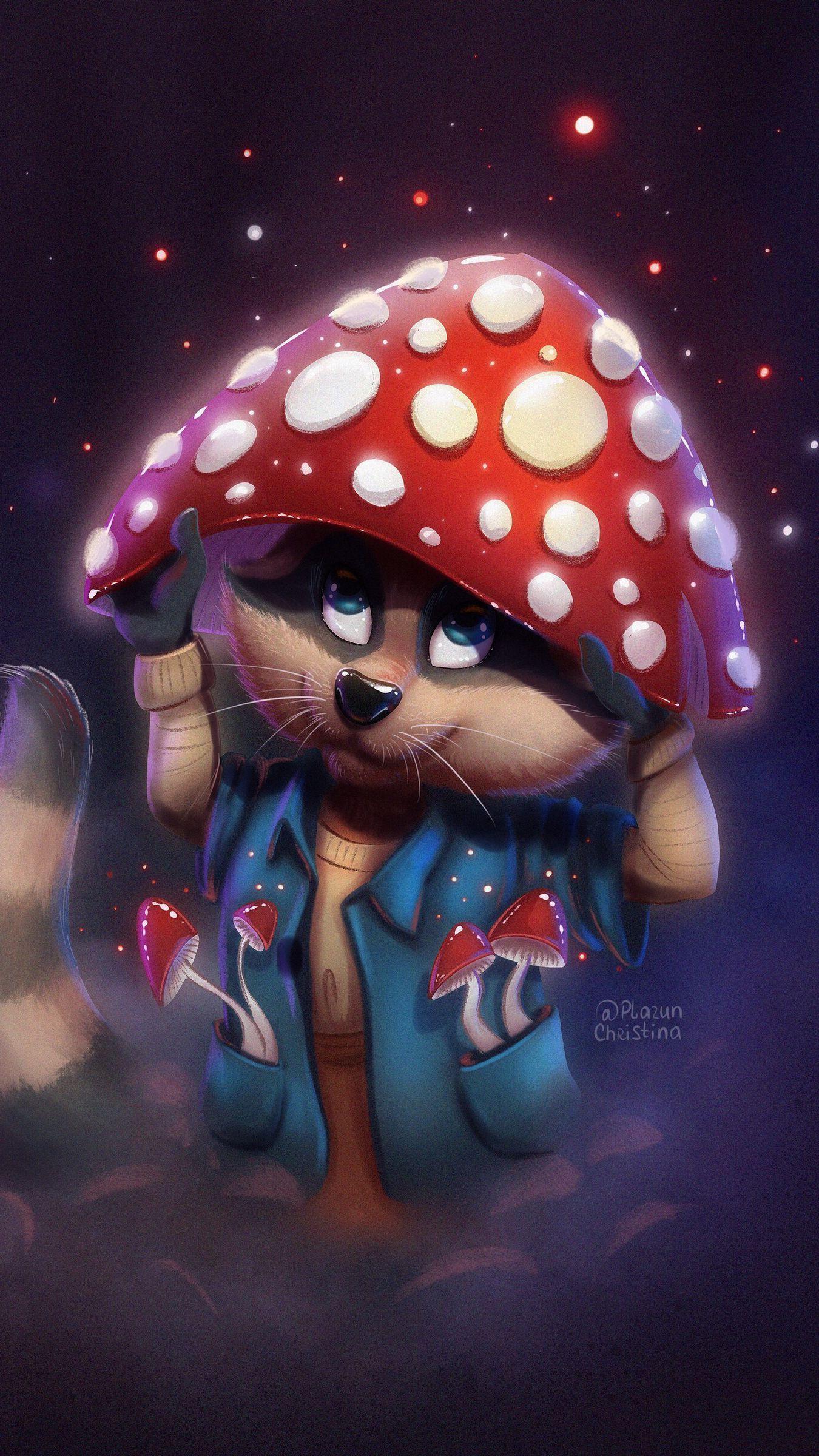 1350x2400 Download wallpaper 1350x2400 raccoon, mushroom, fly agaric, cute