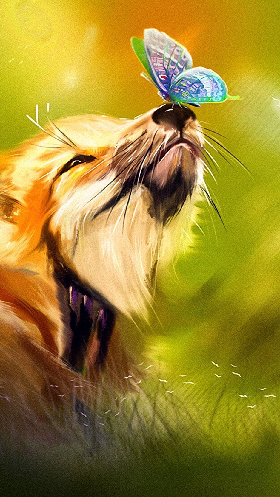 938x1668 Download wallpaper 938x1668 fox, butterfly, cute, animal, art
