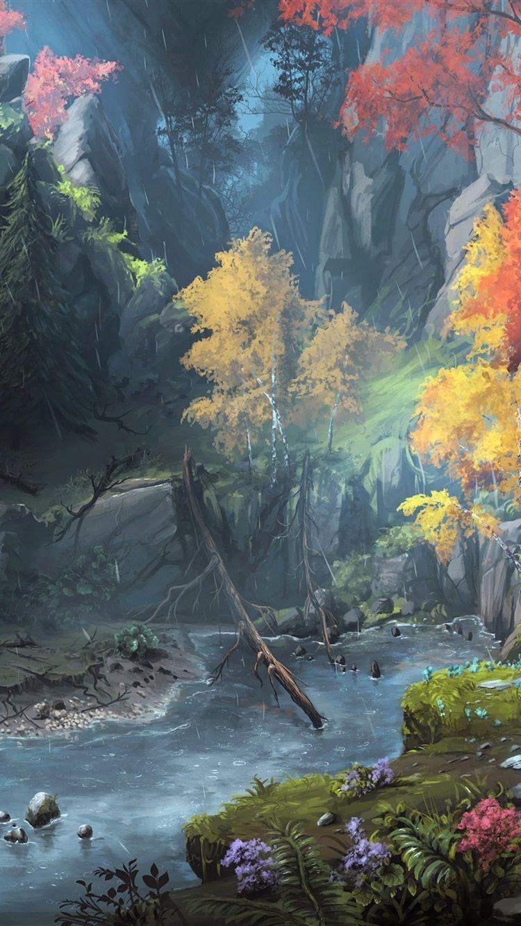 750x1334 Fantasy Art Painting, Mountains, Trees, Autumn 750x1334 IPhone 8 7