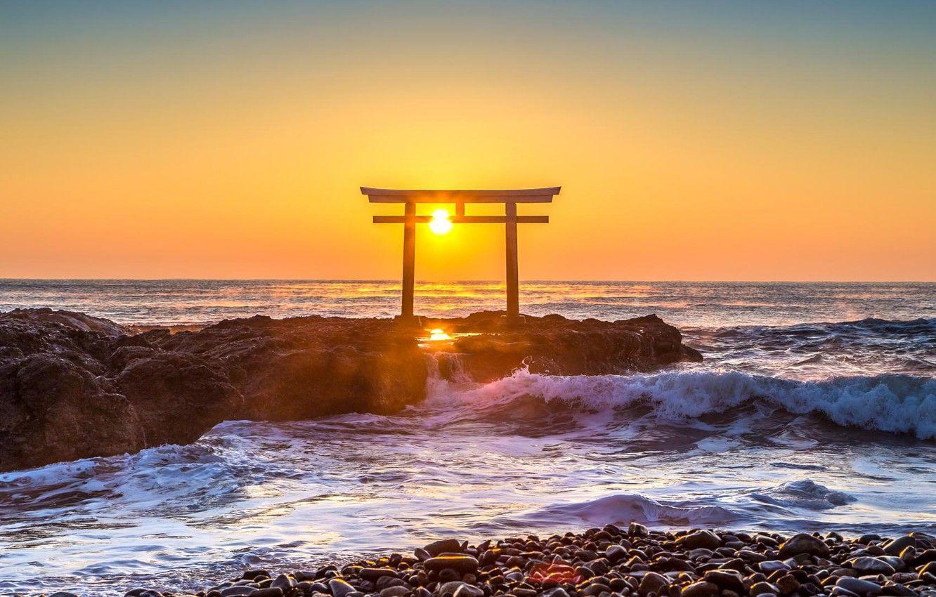 1332x850 Wallpaper Japan, sunset, torii gate, on the ocean image