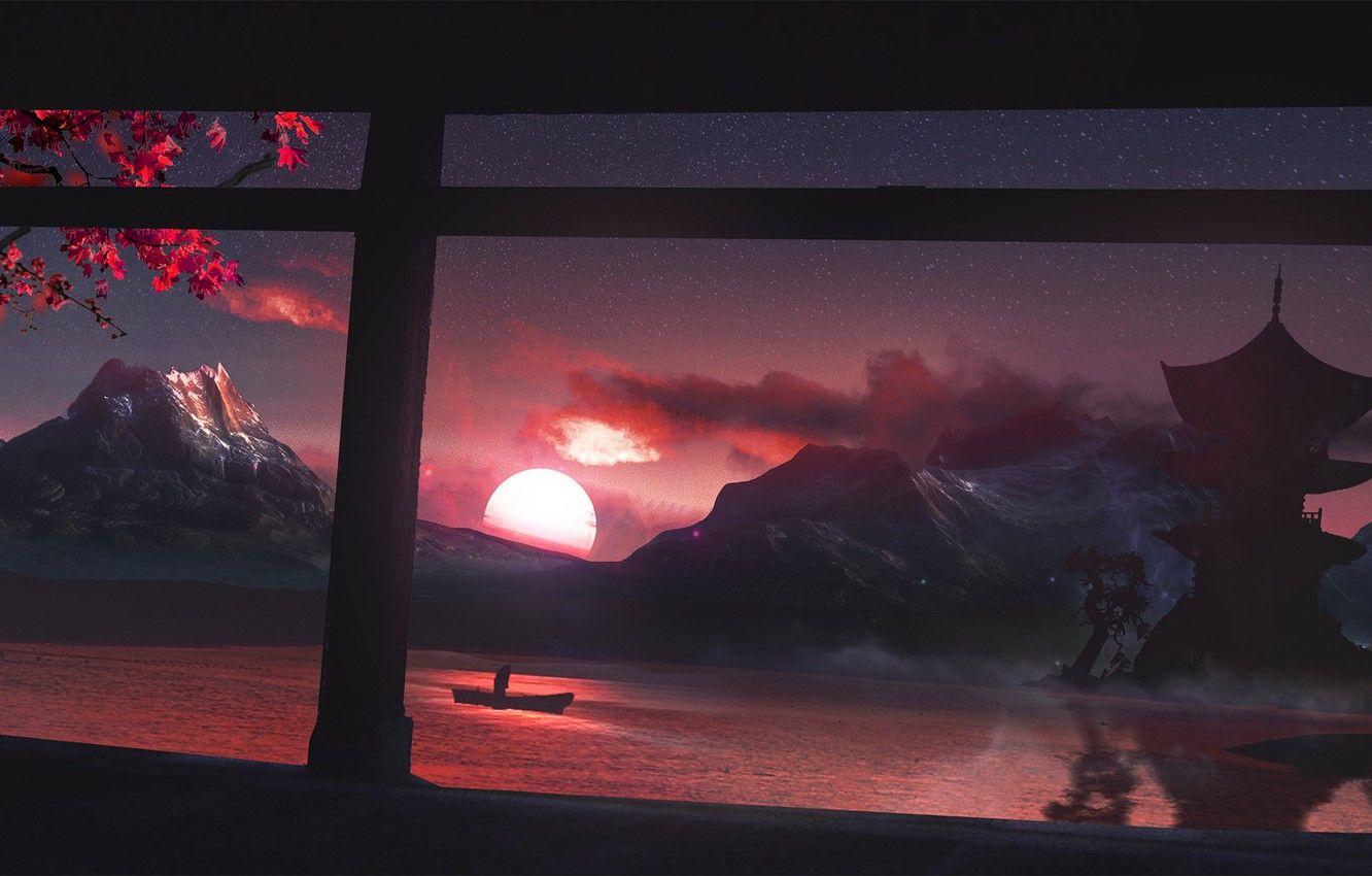 1332x850 Wallpaper boat, cherry, mountains, people, lake, house, Sakura