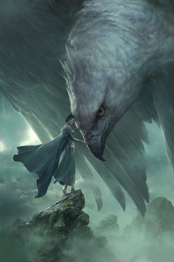 728x1092 HD wallpaper: woman holding white giant eagle, fantasy art