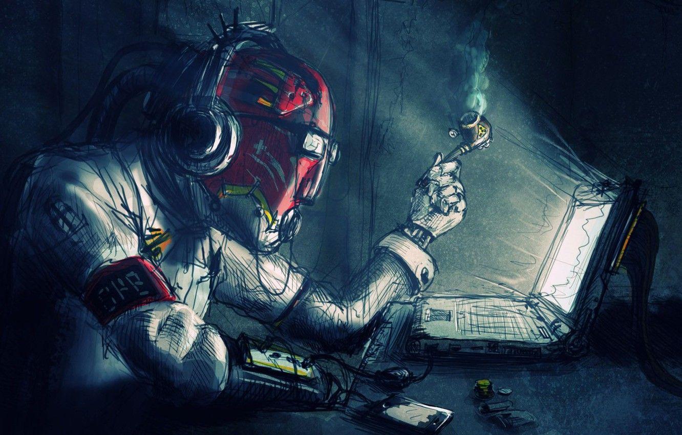1332x850 Wallpaper fantasy, Robot, computer, headphones, science fiction
