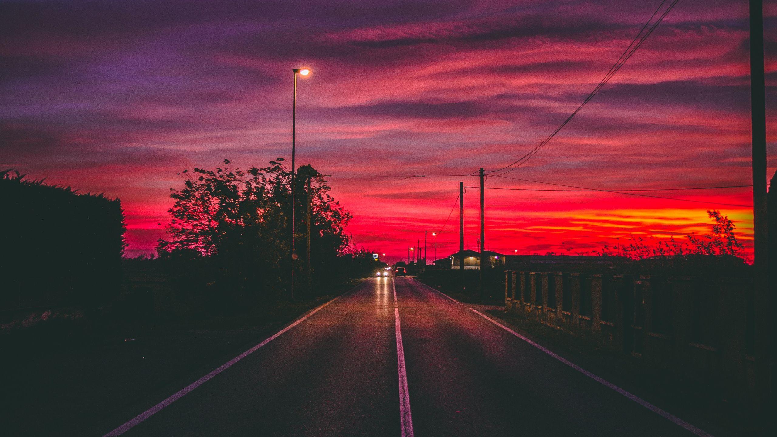 2560x1440 road, sunset, horizon, marking desktop PC and Mac wallpaper
