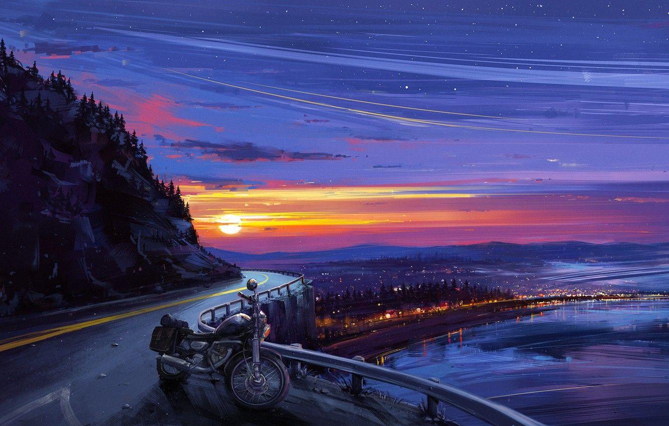 1332x850 Wallpaper city, lights, rock, twilight, road, sky, sea, landscape