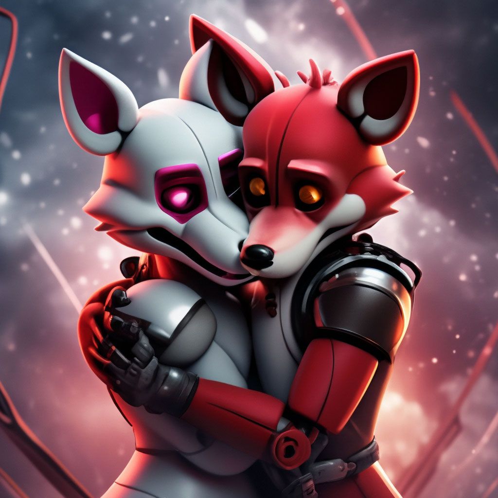 1024x1024 FNAF Foxy and mangle hug, on a cosmic background