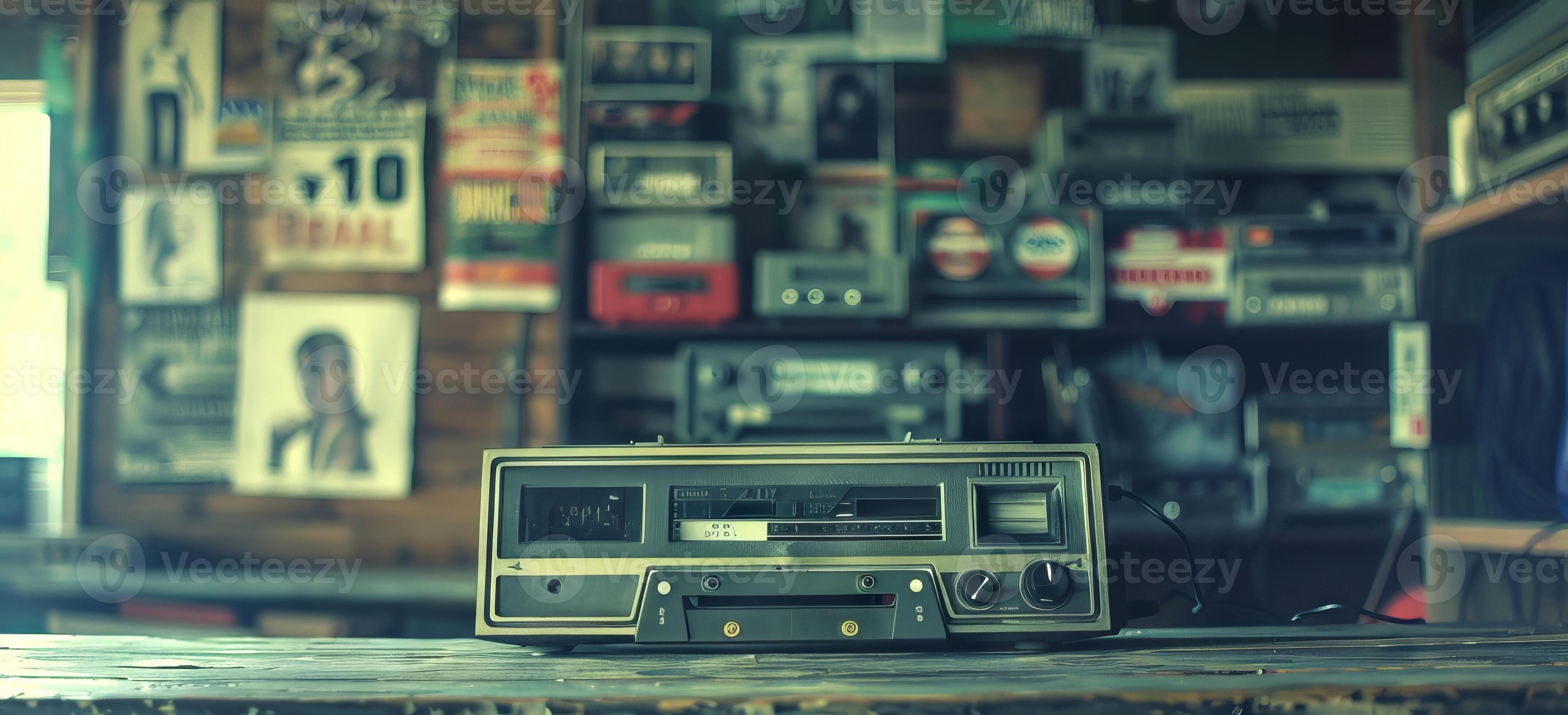 4298x1960 Vintage Radio Cassette Player on Wooden Surface in Retro Setting. Concept of retro cassette tape player, music memorabilia, historical soundtracks, and cultural nostalgia